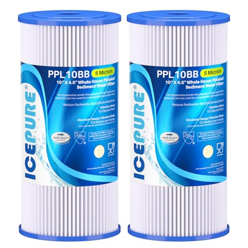 ICEPURE 5 Micron 10' x 4.5' Whole House Sediment Pleated Water Filter Replacement for GE FXHSC, Culligan R50-BBSA, Pentek R50-BB, DuPont WFHDC3001, W50PEHD, GXWH40L, GXWH35F for Well Water, 2PACK