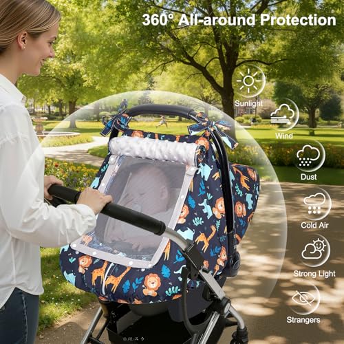 Image of FIOBEE Baby Car Seat Cover, Car Seat Covers for Babies Infant Car Seat Canopy with Breathable Mesh Window Waterproof Carseat Cover for Babies Boy Girl 4 Seasons, Dark Blue Giraffe