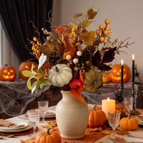Artificial Flowers Indoor, Lightweight Weather Resistant Fade Resistant Plastic Fall Decor with Pumpkin Berries,Realistic Halloween Decoration Insert for Garden Patio Home Centerpieces (Orange-White) - image 5
