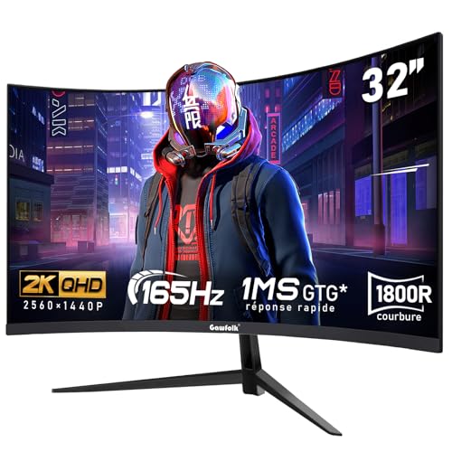 Gawfolk Écran PC 32 Pouces,2K WQHD(2560×1440P),165Hz incurvé Gaming Moniteur, 1ms sans Lunette,...