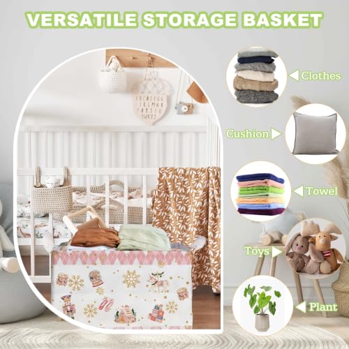 Image of Pink Christmas Nutcracker Storage Baskets, Empty Christmas Gift Baskets, Pastel Nutcracker Home Decorations, Large Square Waterproof Laundry Hamper Coating, Foldable Toy & Clothes Bins for Bedroom
