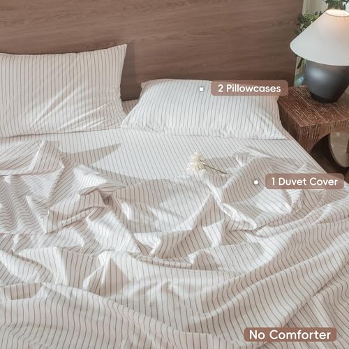 Image of MooMee Striped Duvet Cover Set 100% Washed Cotton Linen Like King | Relaxed Linen-like Texture. Soft, Breathable & Long-lasting Comfort. Lightweight. Hidden Zipper with 8 Interior Corner Ties