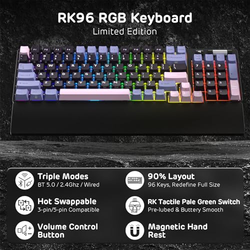 Image of RK ROYAL KLUDGE RK96 RGB Limited Ed, 90% 96 Keys Wireless 3-Mode BT5.0 /2.4G /USB-C Hot Swappable Mechanical Keyboard w /Wrist Rest, Volume Control, Software, Massive Battery, RK Pale Green Switch