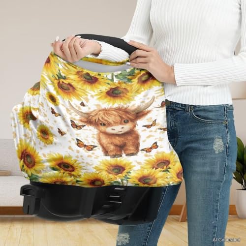 Image of Wanyint Baby Car Seat Covers Carseat Canopy for Boys Girls, Multi-Use Nursing Breastfeeding Covers Mothers Nursing Scarf, Highland Cow Butterfly Sunflower