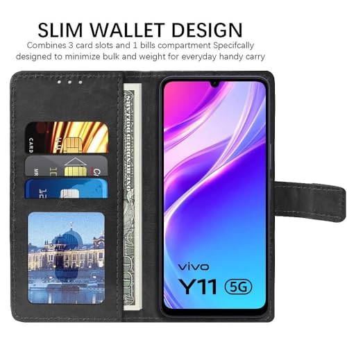 Image of Flip Cover Back Case Compatible with Vivo Y05 5G / Y11 5G / Y21 5G | Premium Leather Finish | Inbuilt Pockets & Stand | Flip Cover Back Case for Vivo Y05 5G / Y11 5G / Y21 5G (Black)