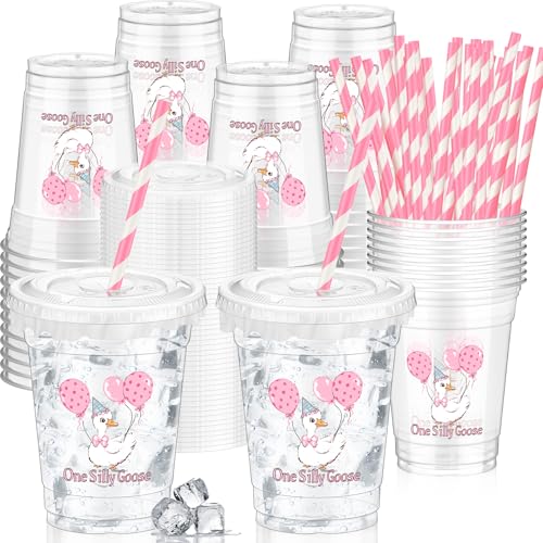 Domensi 50 Pcs Silly Goose Birthday Cups 12 oz, Pink Bow Clear Plastic