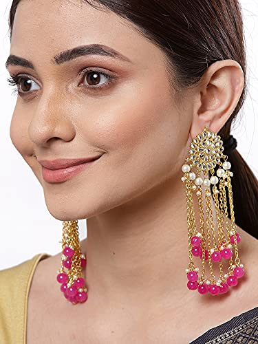 Image of Karatcart Kundan Tassel Earrings for Women (Pink and Green Beads)