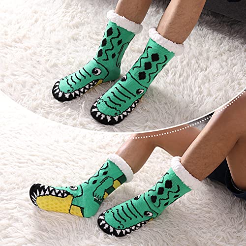 Linemin Mens Warm Slipper Socks Soft Cozy Fuzzy Fleece-Lined Winter Non Slip Indoor Christmas Socks (Crocodile Green) #TOP1