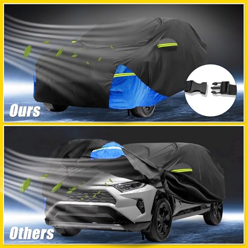 Image of Car Cover Waterproof All Weather 210D, UV Sun Rain Protection, for Toyota RAV4 with Left Side Zipper, Black & Blue