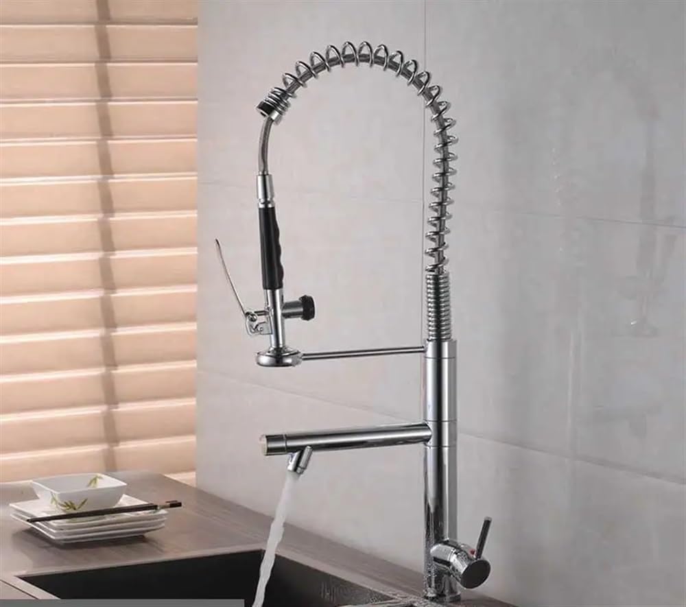 SnamicE Kitchen Tap Deck Mounted Spring Pull Down Kitchen Faucet, Swivel Handheld Sprayer Dual Spout Mixer Tap, Cold Hot Water Tap,Chrome