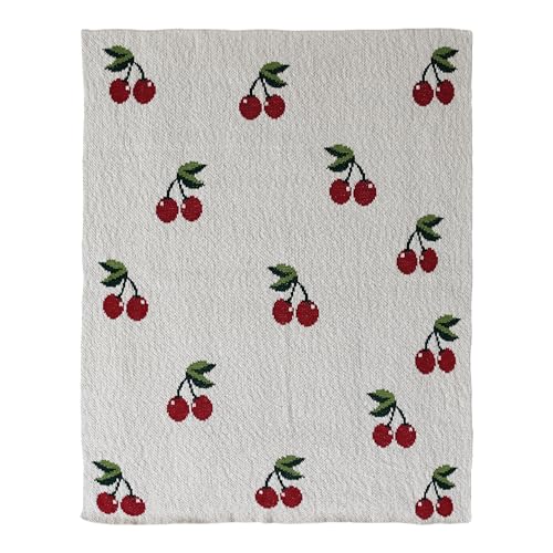 Image of Creative Co-Op Cotton Knit Baby Blanket with Cherry Print, Cream with Red and Green