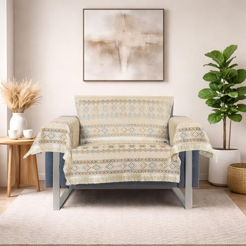 Image of Elegant Woven Beige Sofa Cover - Soft Chenille Traditional Pattern with Lace Style | L-Shape Sectional Seat Protector for Living Room | Durable & Stylish Slipcover 1 Seater with Arms