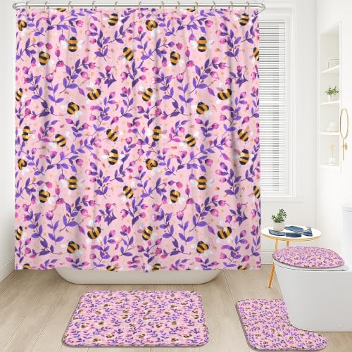 Rideau de douche motif abeille et fleur de pêche en polyester lavable avec tapis assorti