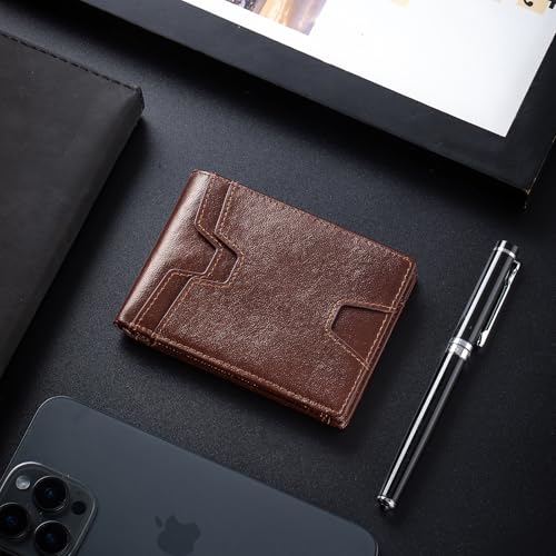 Image of Front Pocket Wallet for Men Slim Lightweight RFID Blocking Genuine Leather Bifold Thin Wallet with 10 Card Slots, Brown