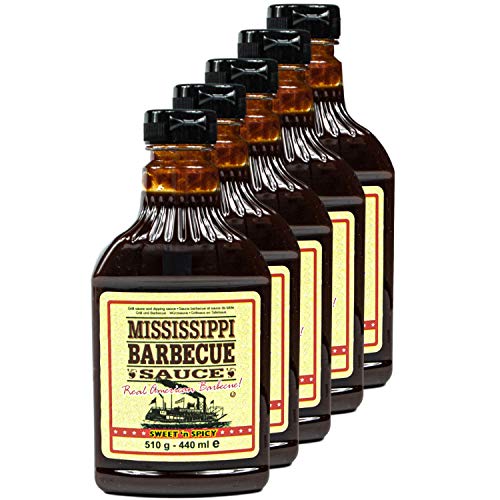 Mississippi - 5er Set Original Barbecue Sauce Sweetn Spicy 510 g (440ml) - American BBQ Sauce (süß und scharf) - Premium Barbeque Würzsauce ideal als Grillsauce (auch zum Dippen und Marinieren)
