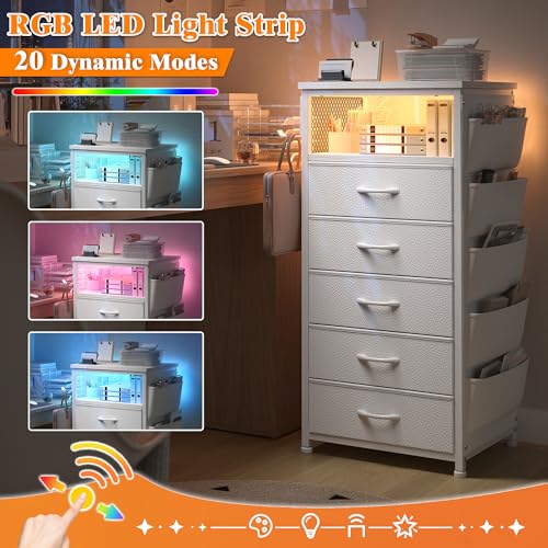 Image of EnHomee Tall Nightstand Set of 2, Bedside Table with Charging Station and LED Light, Night Stand with Extra Side Bag & Hooks, Bedroom, Closet, Hallway, Entryway, White