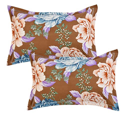 Image of Fitzy 280 TC Fitted Bedsheet King Size, Elastic Bedsheet, 72x78 + 12 Inches Drop,with 2 Pillow Covers (CreamBrown-Flower)