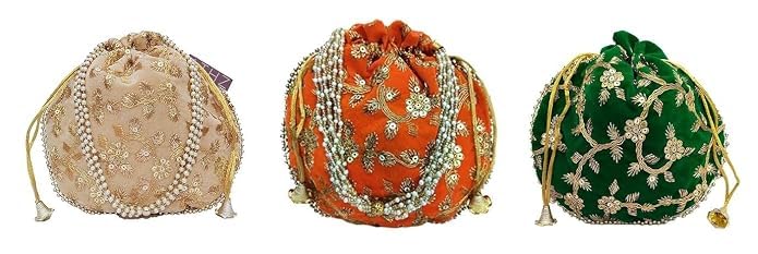 JDDCART Velvet feel wedding potli combo of 3 for ladies || drawstring closure || embroidered fabric (Peach, Orange, leaf green)-image-9