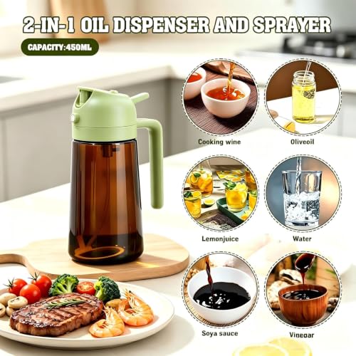 Image of 2 in 1 Oil Sprayer, Oil Sprayer for Kitchen Cooking, 470ml Oil Spray Bottle for Home (Brown+Green)