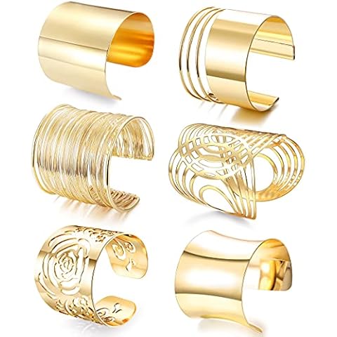 SAILIMUE 6 Pcs Cuff Bangle Bracelet for Women Gold Cuff Bracelets Open Wide Wire Bracelets Adjustable Sliver Gold-Tone Wrist Cuff Wrap Bracelet, Metal, Cubic Zirconia Cover