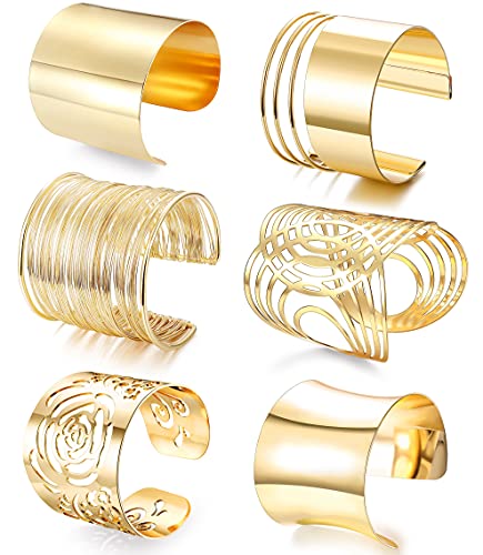 SAILIMUE 6 Pcs Cuff Bangle Bracelet for Women Gold Cuff Bracelets Open Wide Wire Bracelets Adjustable Sliver Gold-Tone Wrist Cuff Wrap Bracelet