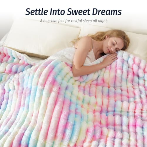 Image of Fleece Weighted Blanket for Adults 48 inch x 72 inch 12lbs Striped Blankets,Rainbow | Dual Sided Soft Sherpa Weighted Blankets with Glass Bead Filling, Plush 3D Striped Heavy Throw Blanket for Bed and Couch
