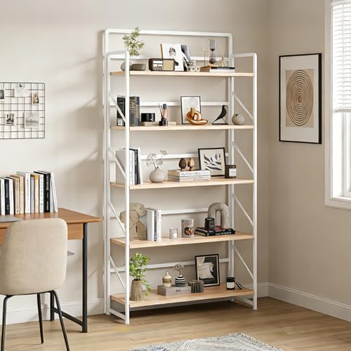 Image of JSB Folding Bookshelf,Industrial Storage Shelves, No Assembly Vintage Wood Look Bookshelf with Storage Shelves for Living Room, Bedroom, Office (White, Wide 5-Tier)
