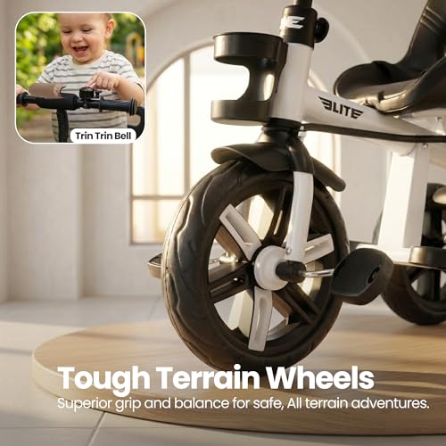 Image of Luusa Elite Pro 4-in-1 Kids Tricycle with Parent Push Handle, Adjustable Canopy, Safety Seat with Seat Belt, Storage Basket & Cup Holder | Toddler Trike for 1-4 Years Boys & Girls (White)