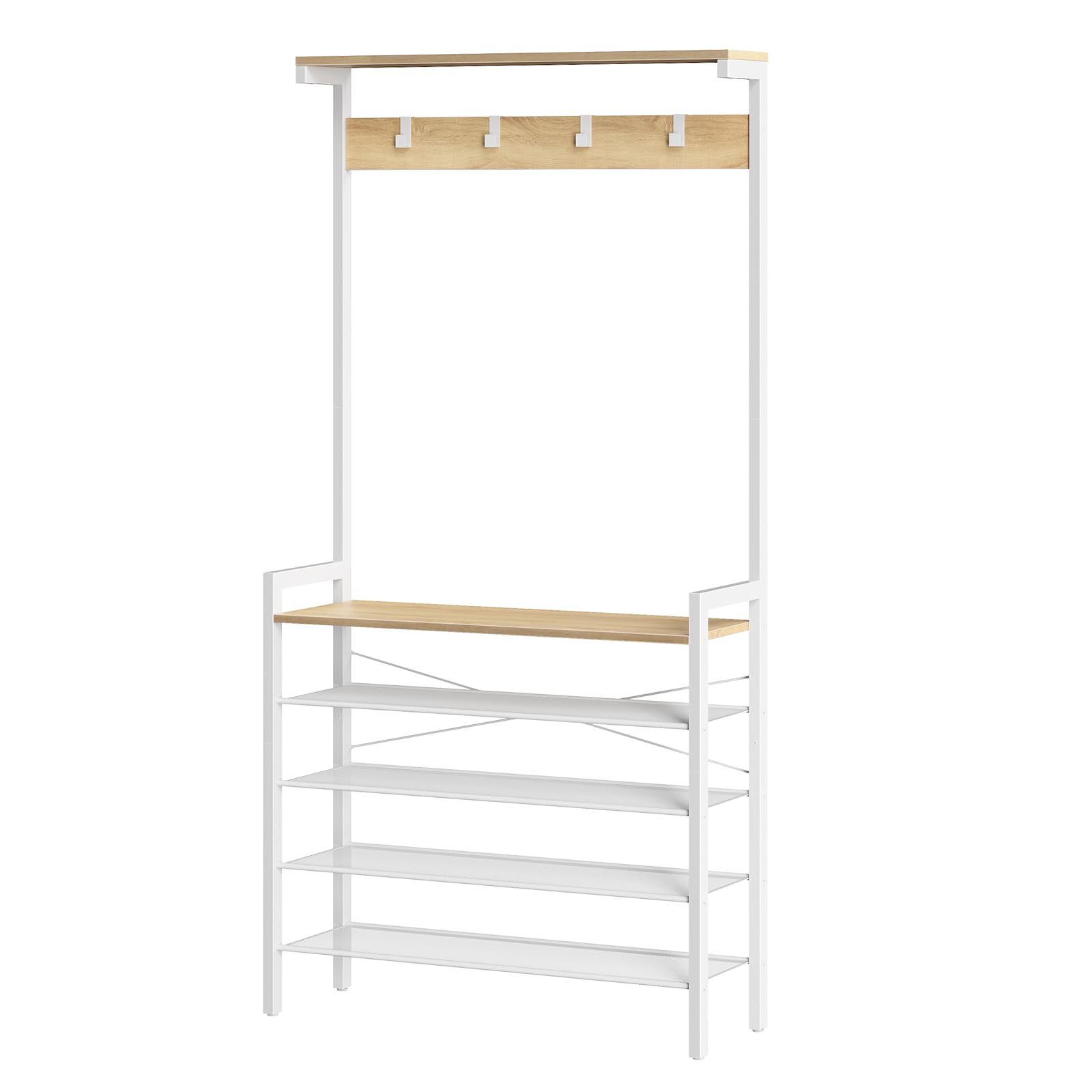 HOOBRO Coat Stand, Coat Rack with Shoe Storage, Industrial Hall Tree, Large Hall Stand, 5 Removable Hooks, Wood Accent Top Shelf, Entryway Storage Shelf, Metal Frame, Natural and White EWN74MT01