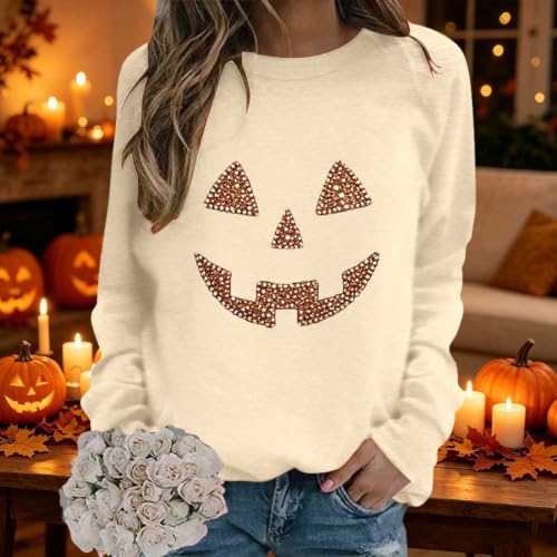 Halloween Womens Sweatshirt Funny Rhinestone Pumpkin Face Sweatshirts Crew Neck Long Sleeve Spooky Season Pullover - image 2