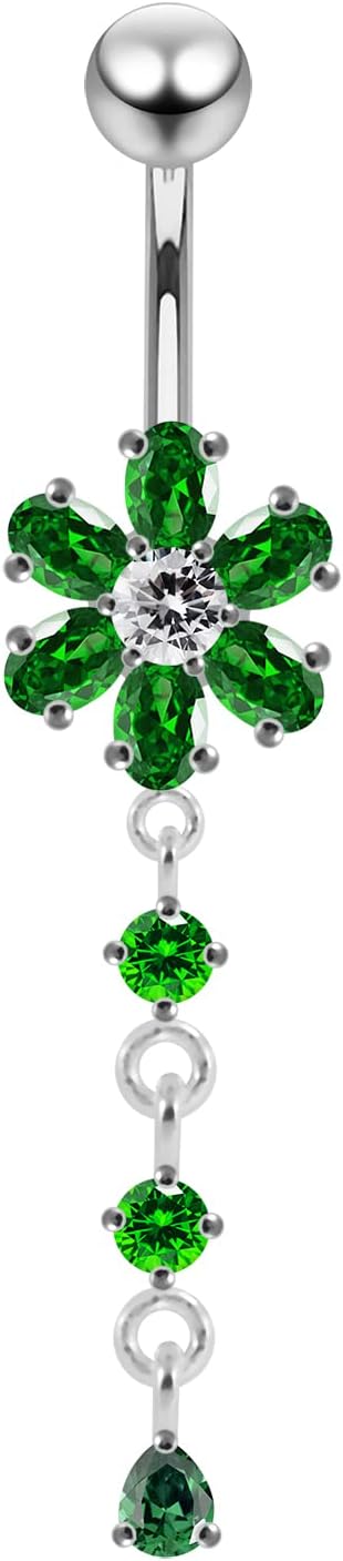 Fancy Flower Dangling Design 925 Sterling Silver with G23 Grade Titanium Belly Ring - Belly Button jewelry - Navel jewelry