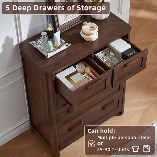 Image of Joaxswe Farmhouse 5 Drawer Dresser for Bedroom, Vertical Dressers Chest of Drawers with 5 Deep Drawers & 4 Thickened Table Legs & Rounded Corners, Walnut