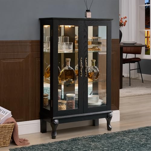 Image of 43 inch H Lighted Wooden Curio Cabinet, Freestanding Glass Display Case with Tempered Glass Door, Adjustable Shelves and Mirrored Back Panel, Decorative Storage Cabinet for Living Room (Black)