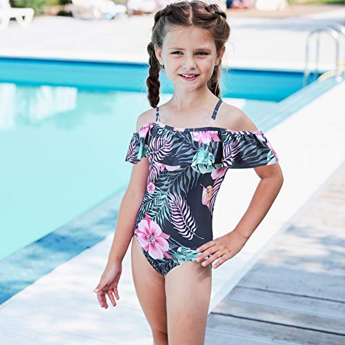 Moon Tree Big Girls One Piece Swimsuits Off Shoulder Bathing Suit For Kids Summer Ruffler Swimwearpink Flower Size 16/14-16 #TOP2
