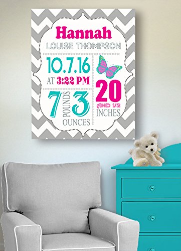 Personalized Stretched Canvas Birth Announcement Gift, Custom Baby Name, Date, Weight Stats, Newborn Butterfly Nursery Wall Art Decor, Wooden Frame Construction, Ready to Hang 24X30