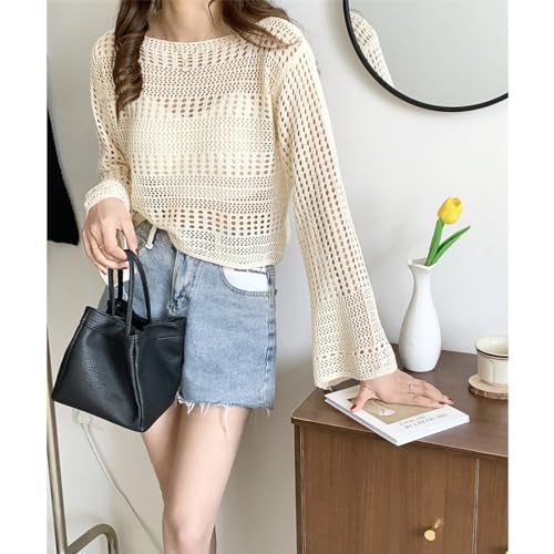Image of CRAMPLEWomen Short Openwork Sunscreen Knitted Pullover Women Summer Seaside Resort Loose Design Sense Long-Sleeve Sweater Top