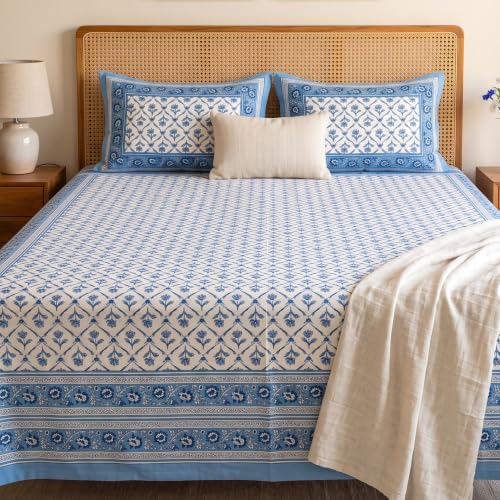 Image of Naksh Queen Size Bed Sheet Cotton | Dusty Blue Lattice Botanical Bedsheet with 2 Pillow Covers | Soft Breathable Blue Printed Bedding Set | Royal Sajawat Collection |