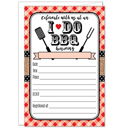 20 Red I Do BBQ Invitations with Envelopes - Gingham and Burlap