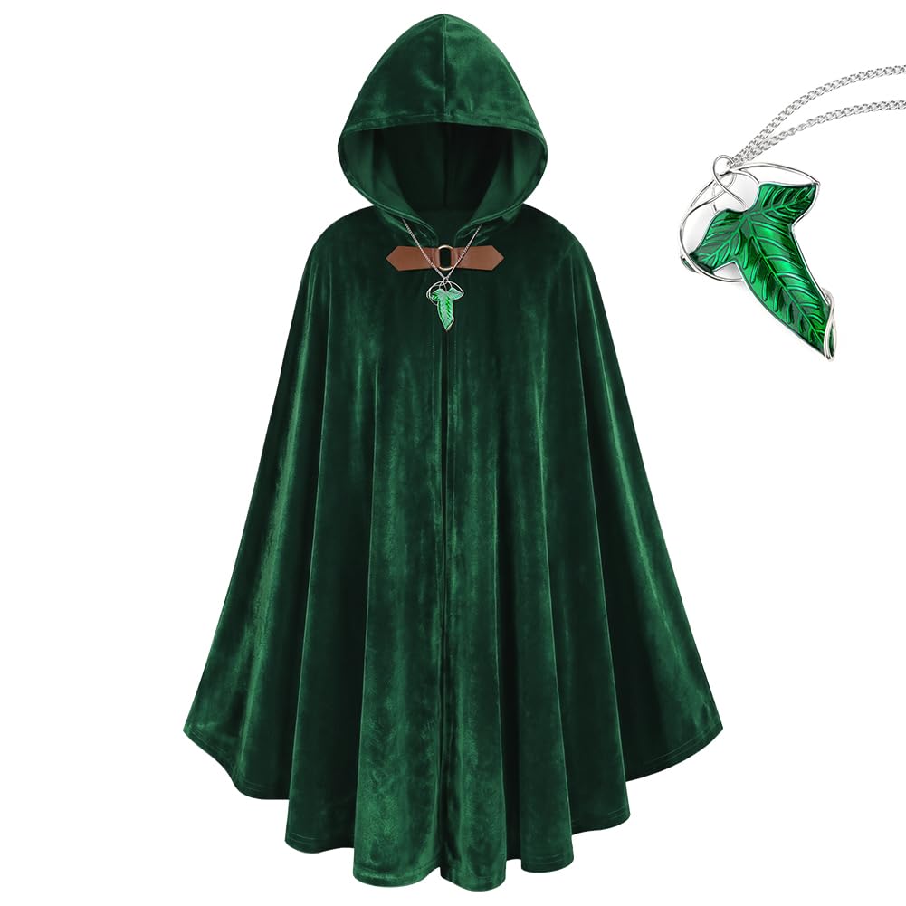 BSBUY Medieval Costume Cloak with Hood Men Renaissance Hooded Coat Vintage Gothic Witch Wizard Robe Hooded Cape with Green Leaf Brooch Necklace for Halloween World Book Day Costume(Forest Green) — image 1
