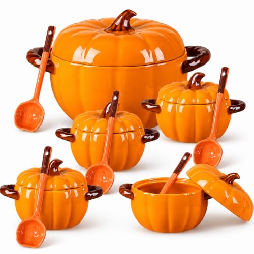 Set of 5 Ceramic Pumpkin Bowls Pumpkin-Shaped Soup Serving Pot Storage Jar with Lid and Spoon for Baking Fall Thanksgiving Halloween Party Kitchen Dessert Decoration 17 Oz & 54 Oz