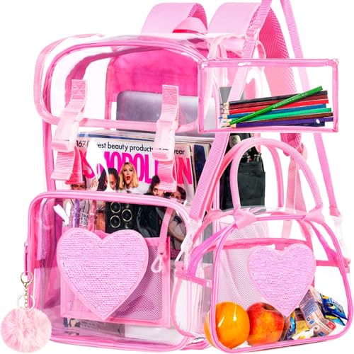 FTJCF 3PCS Pink Clear Backpack, Heavy Duty Transparent Bookbag for Girls Women, Stadium Approved See Through Backpack Set (Pink Sequins)