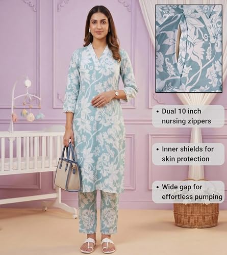 Image of DUMMY SHAPE Maternity Dresses for Women Cotton | Floral Kurta Pant Dupatta Set with Nursing Zippers, Side Pocket | Pre & Post Pregnancy | Feeding Kurti Suit | Baby Shower | Gifts for Pregnant Woman