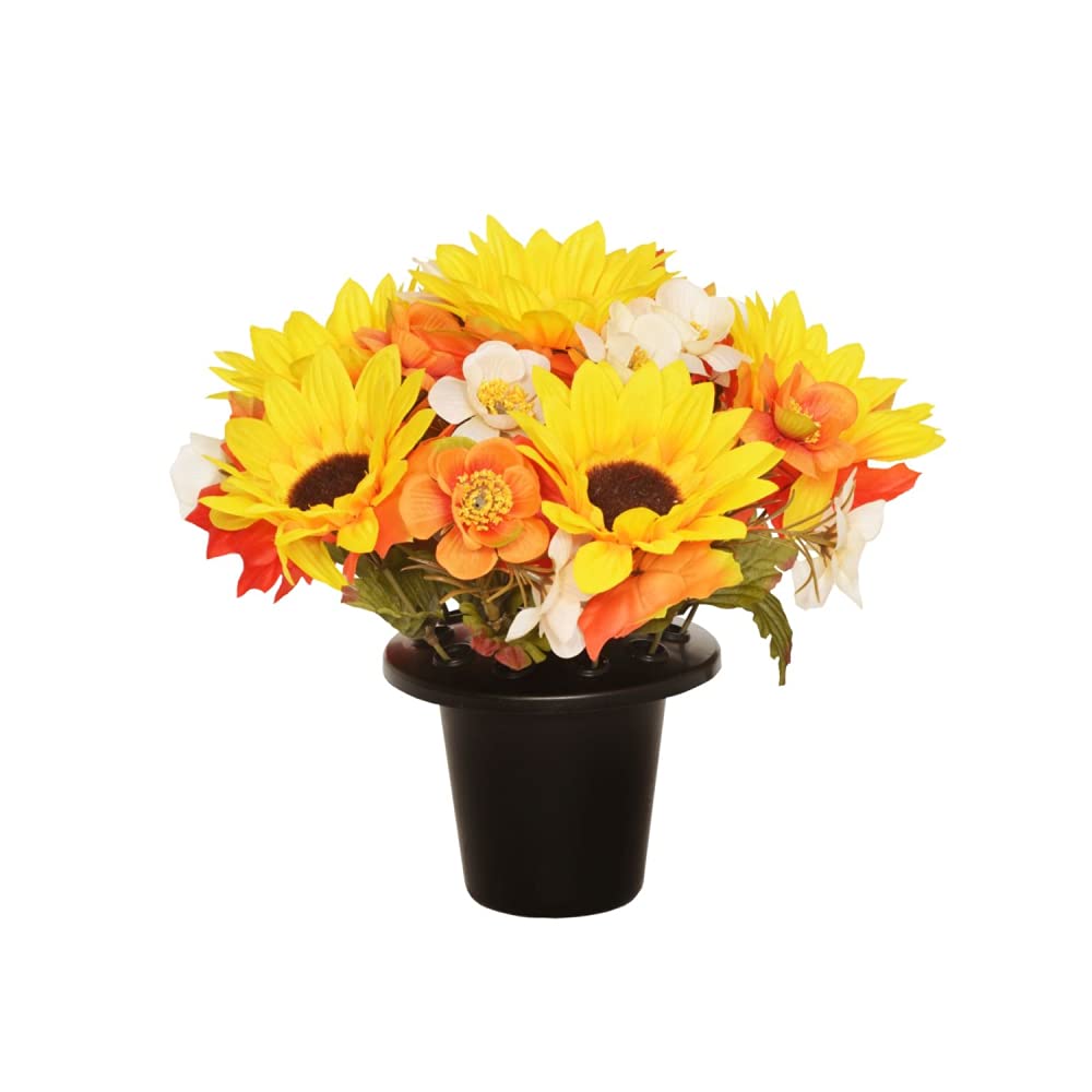 Floristrywarehouse Yellow Grave Pot Autumn Mix Faux Silk Flowers And Leaves
