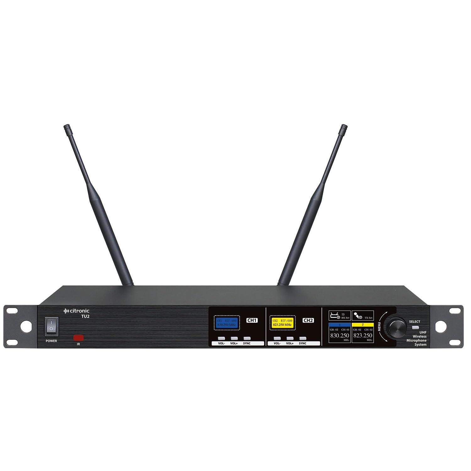 Citronic | Dual Wireless Microphone System with Tuneable UHF License-Free Frequencies, Stage, Theatre, Performance | 2 x Handheld Transmitters, Fully Programmable