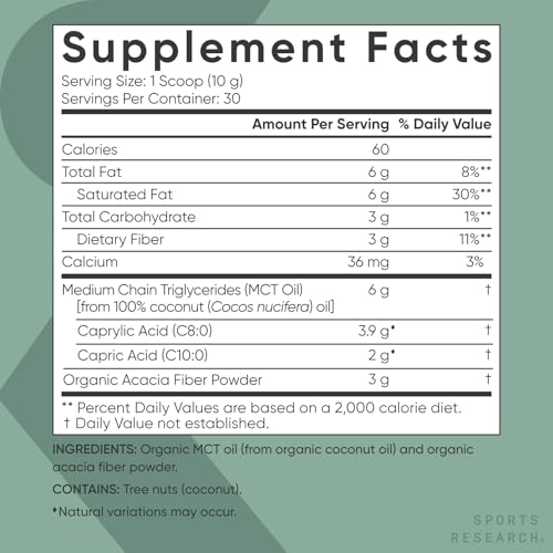 Image of Sports Research Organic Coconut MCT Oil Powder, Unflavored (10.6oz) | Keto & Vegan MCTs C8, C10 from Coconut Oil - Fatty Acid Brain & Body Fuel* | Great in Coffee & Protein Shakes - 30 Servings