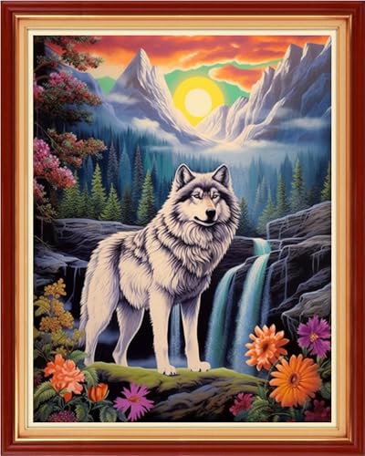 Image of Magxvouy Cross Stitch Kits Stamped Full Range of Embroidery Kits,Cross Stitch Patterns Needlework Kits for Beginners 11CT Printed Kits&Wolf Waterfall 16x20 inch