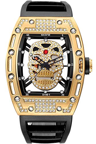 Mens Skeleton Pirate Watches 3D Skull Transparent Crystal Designer Fashion Black Silicone Quartz Watch (Gold)