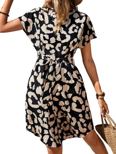 SweatyRocks Damen Sommerkleid Elegant Leopardenmuster Kleider mit Gürtel Kurzarm Sommerkleid mit V-Ausschnitt Lässig Tunika Casualkleid Schwarz und...