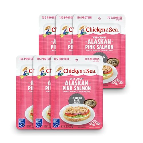 Chicken of the Sea Alaskan Pink Salmon in Water with Everything Bagel Seasoning, 2.5 Ounce Salmon Packet, 6-Count – High Protein Skinless, Boneless Wild Caught Salmon – Nutritious Ready to Eat Meals