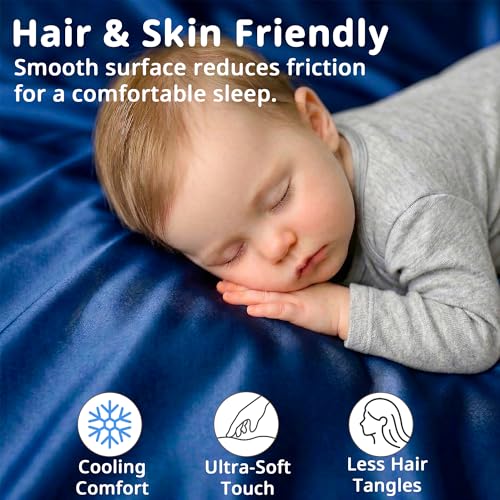 Image of Pro Goleem Satin Mini Crib Sheets 2 Pack, Blue & Black Silky Soft Fitted Sheet for Baby Hair Protection, 38 inchx24 inchx5 inch Breathable Mattress Cover Compatible with Pack n Play & Portable Crib